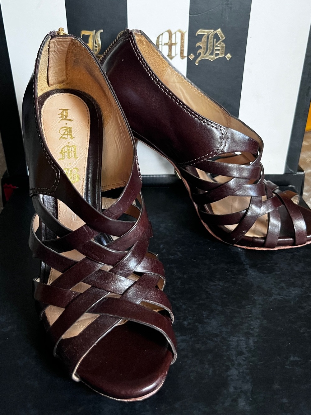 L.A.M.B. Leather Strappy Peep-Toe Heels in Brown